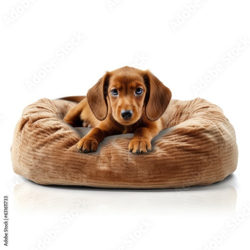 puppy on pet bed isolated on white generative AI