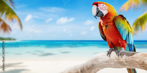 Parrot on a branch with caribbean beach and sea background with copy space