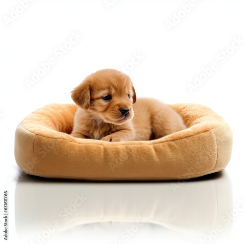 puppy on pet bed isolated on white generative AI