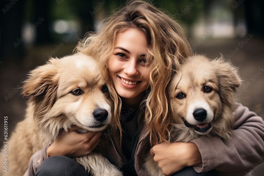 Young charming smiling girl is resting while walking in the park with two dogs. The girl hugs her pets made with AI generative technology