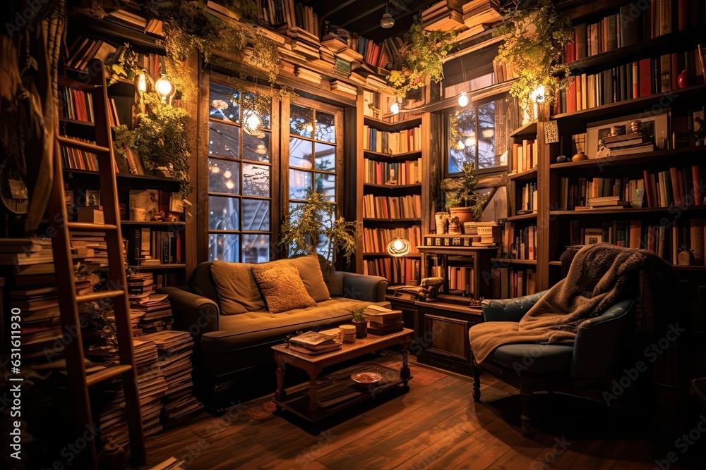 Cozy Bookstore Haven: Immersive Genres, Comfy Nooks, Aromatic Brew, generative AI - obrazy, fototapety, plakaty 