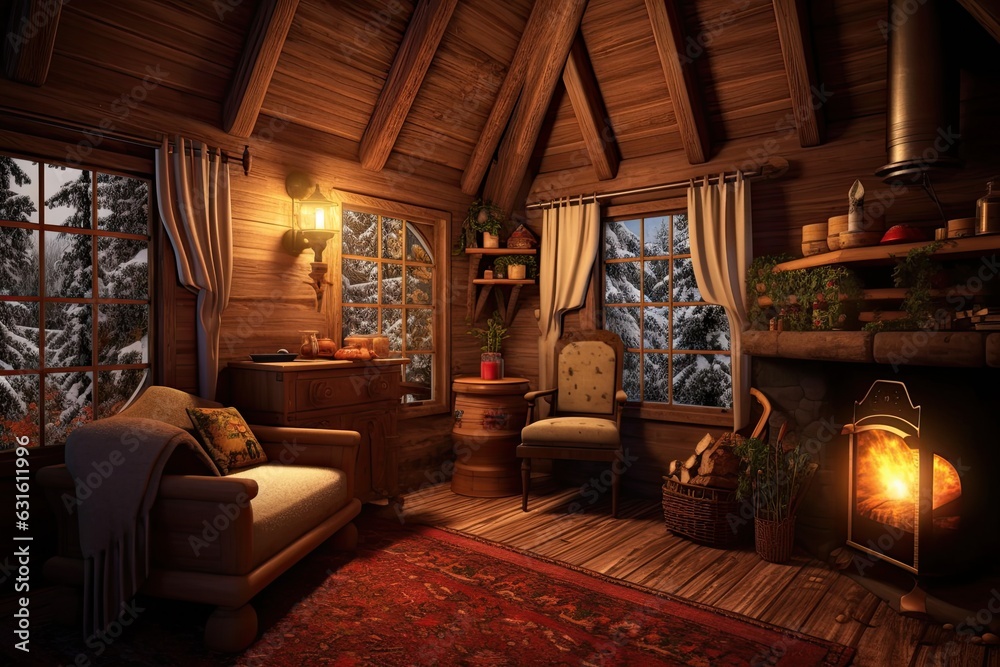 Cozy Cabin Retreat: Embrace Serenity in a Woodland Getaway with a Crackling Fireplace and Warm Interiors, generative AI