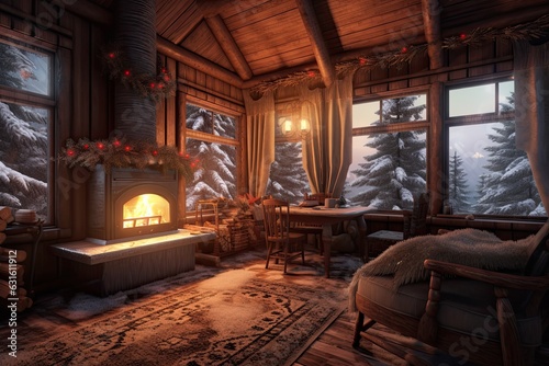 Tranquil Winter Retreat: Cozy Cabin with Crackling Fireplace and Snow-Covered Trees, generative AI