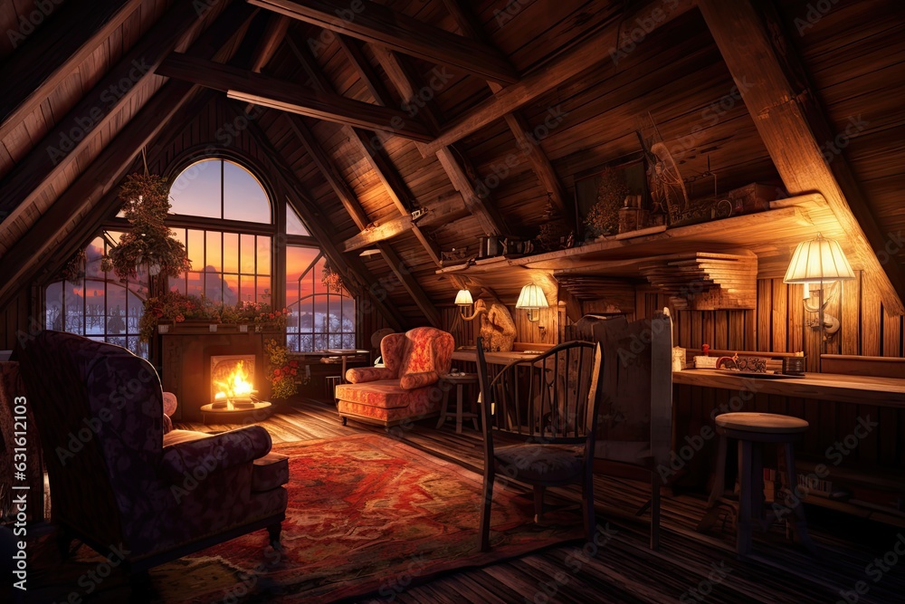 Cozy Cabin Retreat: Rustic Wooden Decor, Roaring Fireplace, and Comfortable Seating, generative AI