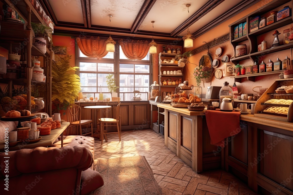 Cozy Caf� Corner: Aromatic Coffee, Freshly Baked Pastries, and a Welcoming Ambiance, generative AI