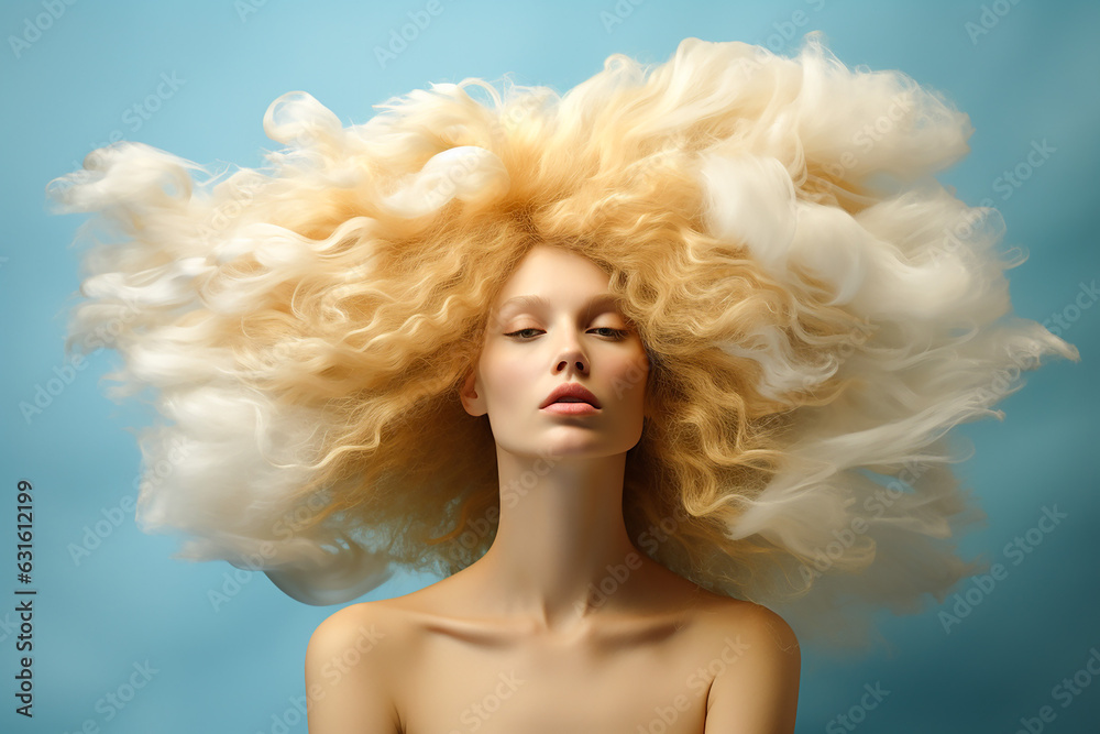 Woman with curly cloud like puff hair on aqua background
