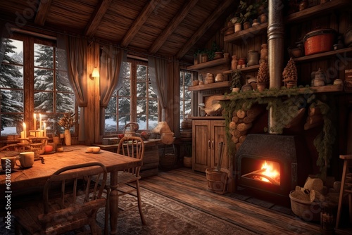 Cozy Cabin: Crackling Fireplace and Warm, Serene Surroundings in the Woods, generative AI
