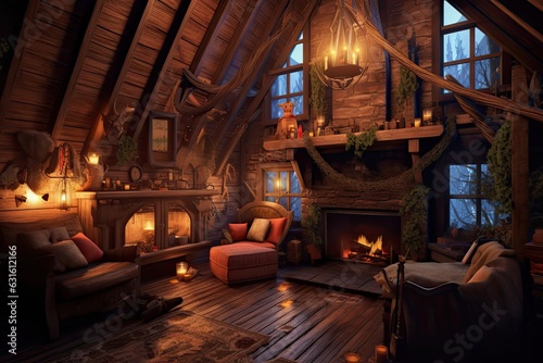 Cozy Cabin Escape: Rustic Wooden Decor, Roaring Fireplace, and Comfortable Seating, generative AI