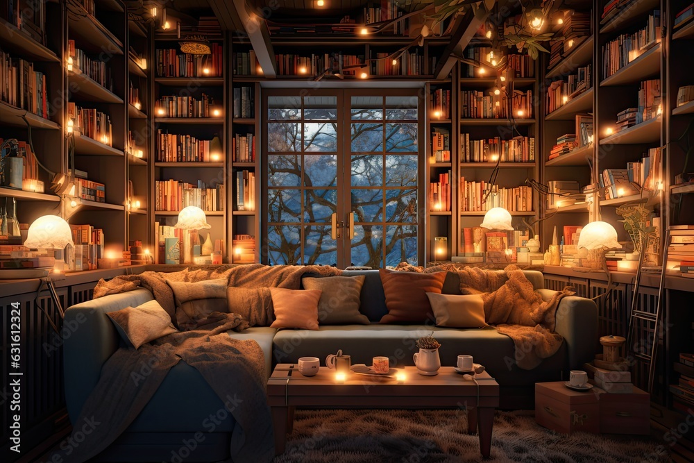 Cozy Library: Bookshelves, Reading Nooks, and Soft Lighting for a Comfortable Escape, generative AI