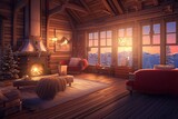 Snowy Landscape and Cozy Log Cabin: Embrace the Warmth of a Fireplace and Serene Ambiance, generative AI
