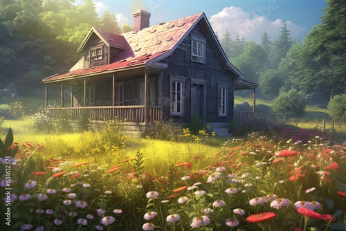 Wildflower Retreat: A Cozy Cottage in a Meadow, Surrounded by Chirping Birds and Peaceful Atmosphere, generative AI