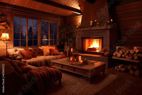 Cozy Fireplace: Relaxation Enhanced by Crackling Flames and Warm Glow in a Comfortable Seating Area, generative AI © Michael