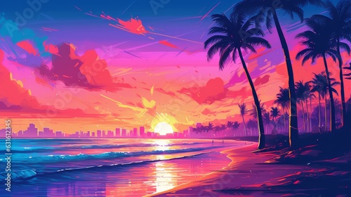 Illustration of Miami beach in a vibrant 1980s retro synthwave style, watercolor masterpiece.   © Enea