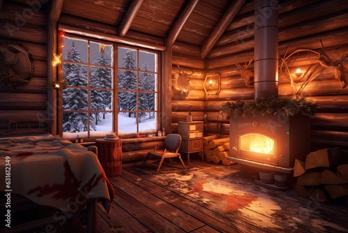 Snowy Forest Retreat: Cozy Log Cabin with Fireplace, Warm Blankets, and Tranquil Vibes, generative AI