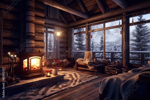 Snowy Forest Escape: Cozy Log Cabin with Warm Fireplace and Tranquil Ambiance, generative AI