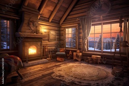 Snowy Paradise: Cozy Log Cabin with Warm Fireplace and Peaceful Ambiance, generative AI