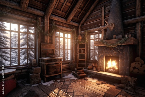Tranquil Winter Retreat: Cozy Log Cabin in Snowy Forest with Crackling Fireplace and Warm Blankets, generative AI