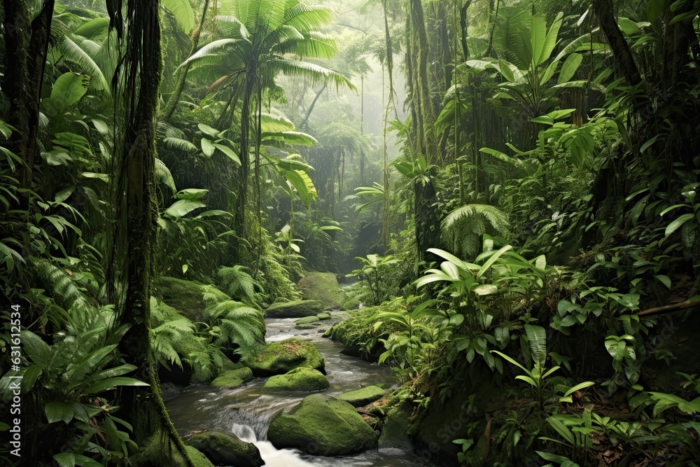 Experiencing Nature's Symphony: Chirping Birds, Cascading Waterfalls, and Lush Foliage in a Dense Rainforest, generative AI