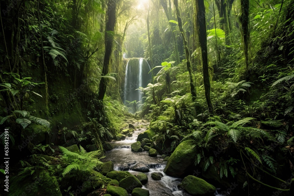 Fototapeta premium Exploring a Vibrant Rainforest: Lush Vegetation, Cascading Waterfalls, and Chirping Birds, generative AI