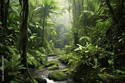 Experiencing Nature s Symphony  Chirping Birds  Cascading Waterfalls  and Lush Foliage in a Dense Rainforest  generative AI