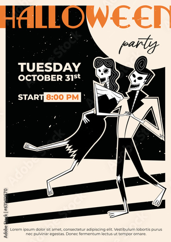 Halloween party invitation. Retro skeleton characters in 60's-70's.
