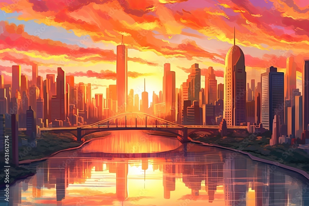 Sunset Splendor: A Futuristic City with Towering Skyscrapers, Illuminated Bridges, and a Golden Glow, generative AI