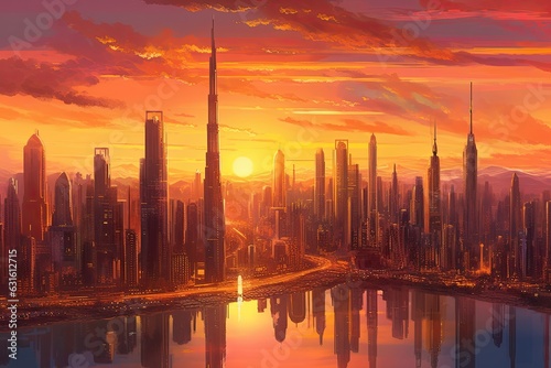 Sunset Splendor: Embracing the Futuristic Glow of Towering Skyscrapers and Illuminated Bridges in the City Skyline, generative AI
