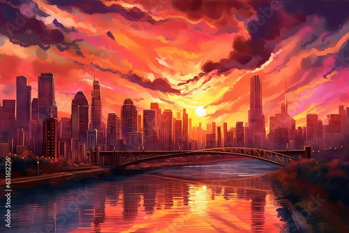 Sunset Serenade: A Vibrant Futuristic Cityscape with Illuminated Bridges and Majestic Skyscrapers, generative AI