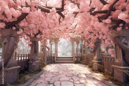 Enchanting Cherry Blossom Garden: Blooming Trees, Delicate Petals, and a Dreamy Pink Ambiance, generative AI