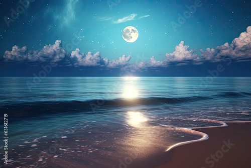 Enchanting Moonlit Beach  Glowing Moon  Gentle Waves  and the Shimmering Starry Sky  generative AI