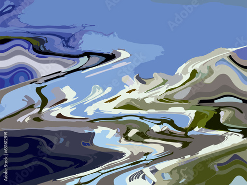 Abstract landscape in blue-green-gray tonality for fabrics or interiors. Natural liquid background for business concepts, fashion trends, posters, covers, wallpaper, etc. Vector underwater backdrop