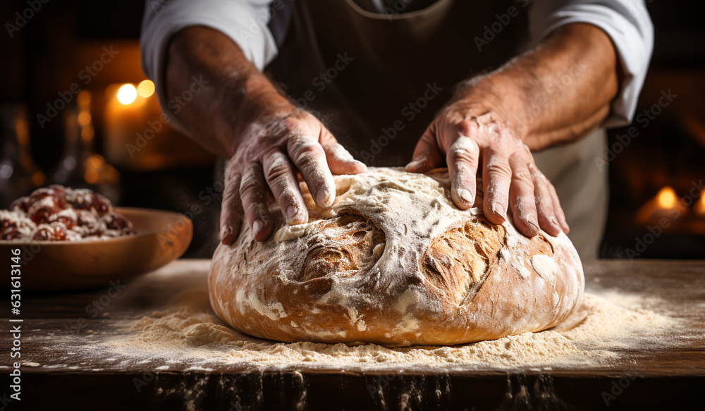 Baker shows freshly baked bread. AI generated