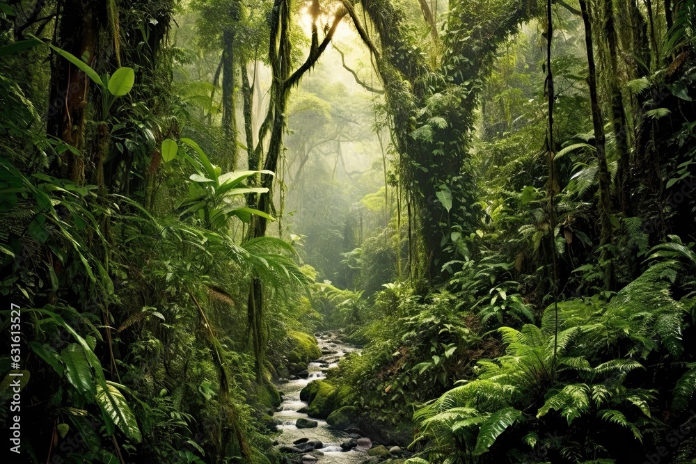 Fototapeta premium Exotic Wildlife and Lush Foliage in a Towering Rainforest, generative AI