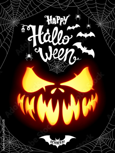 Halloween pumpkin face and lettering with spider, web and flying bats. Funny and scary pumpkin face with eyes and mouth. Design for party poster, invitation and greeting card. Vector illustration