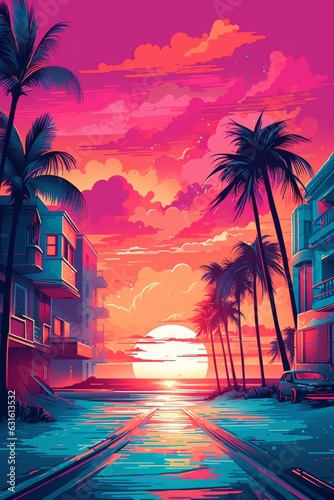 Illustration of Miami beach in a vibrant 1980s retro synthwave style, watercolor masterpiece.	
