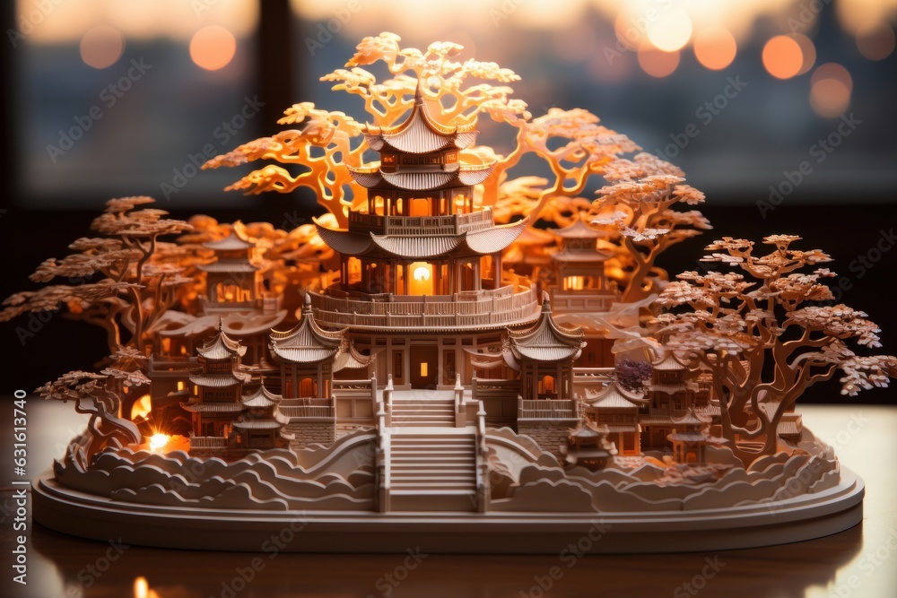 A digital art, Japanese temple crafted by papers in kirigami style illustration, quilling