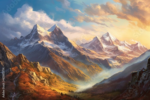 Grandeur Unveiled: Exploring the Majestic Mountain Range's Rugged Peaks and Sweeping Valleys, generative AI © Michael
