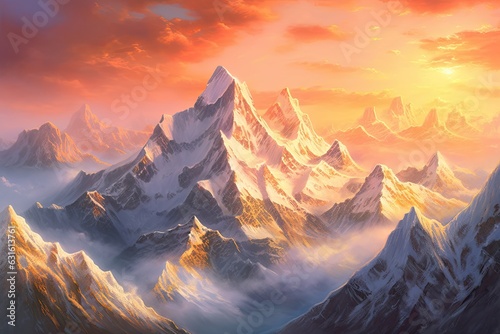 Majestic Mountain Range: Exploring Jagged Peaks, Snowy Slopes, and the Alpine Air, generative AI