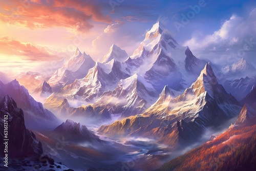 Snow-Capped Peaks and Breathtaking Panoramic Views: Exploring a Majestic Mountain Range with Rugged Cliffs, generative AI