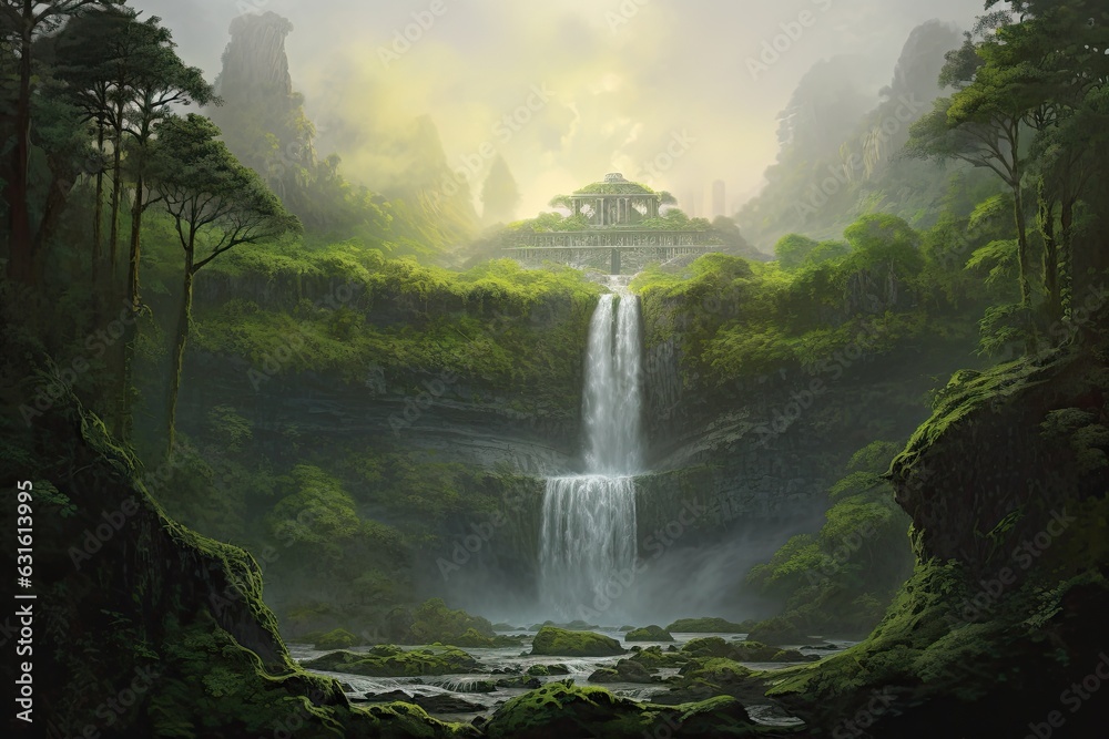 Fototapeta premium Captivating Cascade: Discover the Majestic Waterfall nestled in a Lush Green Landscape with Misty Spray, generative AI
