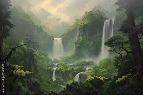 Captivating Cascade  A Majestic Waterfall Amidst Lush Green Surroundings and Mystical Mist  generative AI