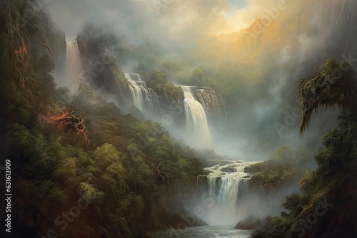 Unforgettable Nature's Symphony: Exploring the Majestic Waterfall with Cascading Waters, Misty Spray, and Thundering Sound, generative AI