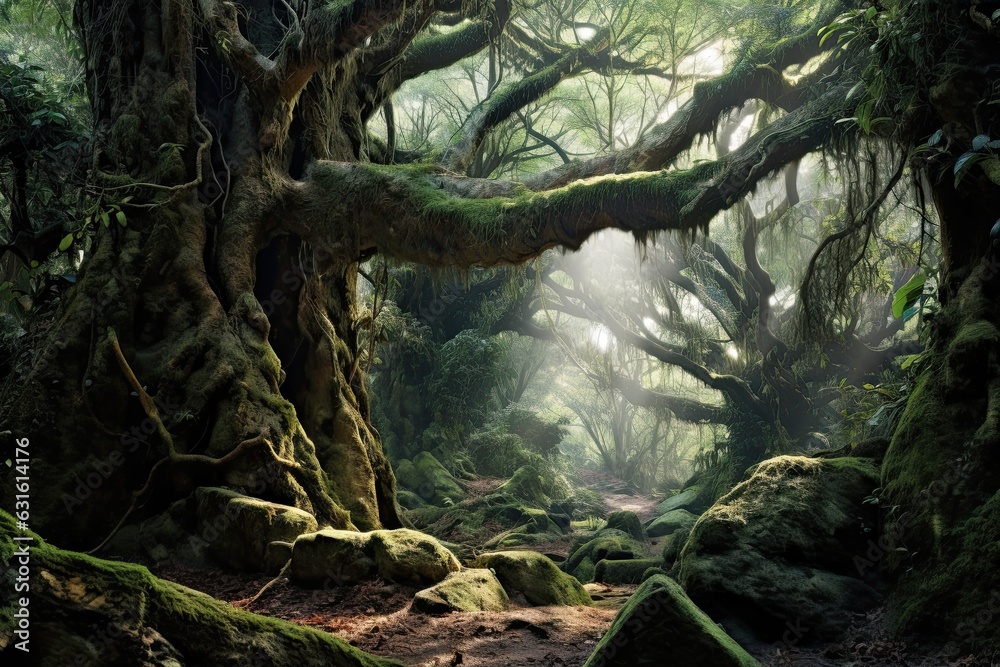 Fototapeta premium Discover the Enchanting Beauty of a Mystical Forest: Ancient Trees, Dappled Sunlight, and Serene Ambiance, generative AI