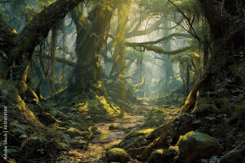 Mystical Forest: Ancient Trees, Dappled Sunlight, and Tranquil Serenity, generative AI