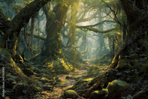 Mystical Forest: Ancient Trees, Dappled Sunlight, and Tranquil Serenity, generative AI