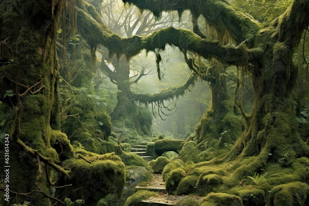 Mystical Forest: Ancient Trees, Soft Moss, and an Enchanting Atmosphere, generative AI