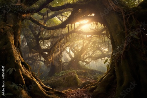 Enchanting Mystical Forest: Ancient Trees, Soft Sunlight & Natural Magic, generative AI