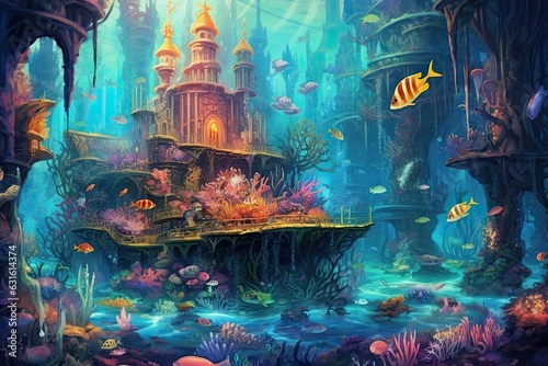 Exploring a Majestic Underwater Kingdom: Coral Castles, Exotic Sea Creatures, and Shimmering Light, generative AI © Michael