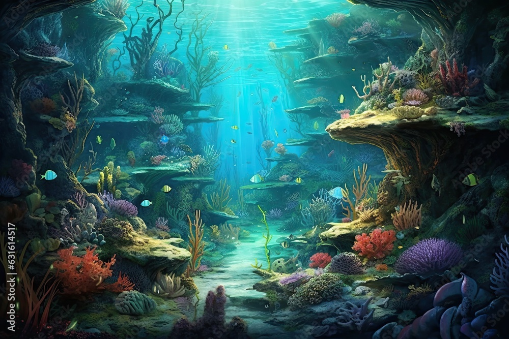 Discover the Enchanting Wonders of a Mystical Underwater Realm with Shimmering Coral Reefs, Beautiful Sea Creatures, and Hidden Treasures, generative AI
