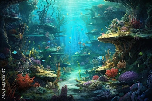 Discover the Enchanting Wonders of a Mystical Underwater Realm with Shimmering Coral Reefs, Beautiful Sea Creatures, and Hidden Treasures, generative AI